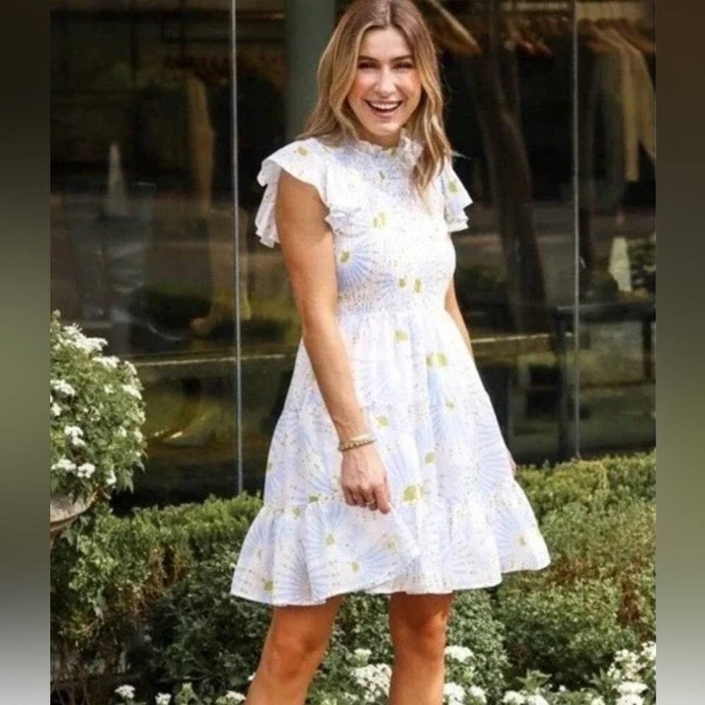 Smocked Ruffle Mini Dress in Light Blue & White